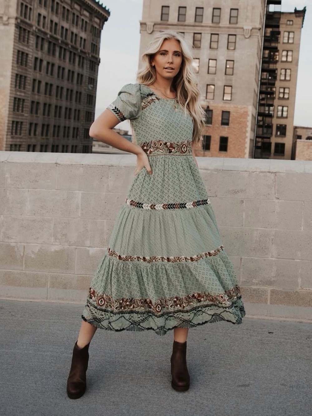 Bohme Boho Spanish Embroidered Maxi Dress with Crochet and Beading in Seafoam